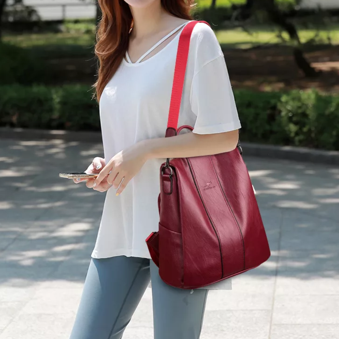 Stöldskyddad ryggsäck och axelremsväska för damer i ett - PU-läder och konvertibel design