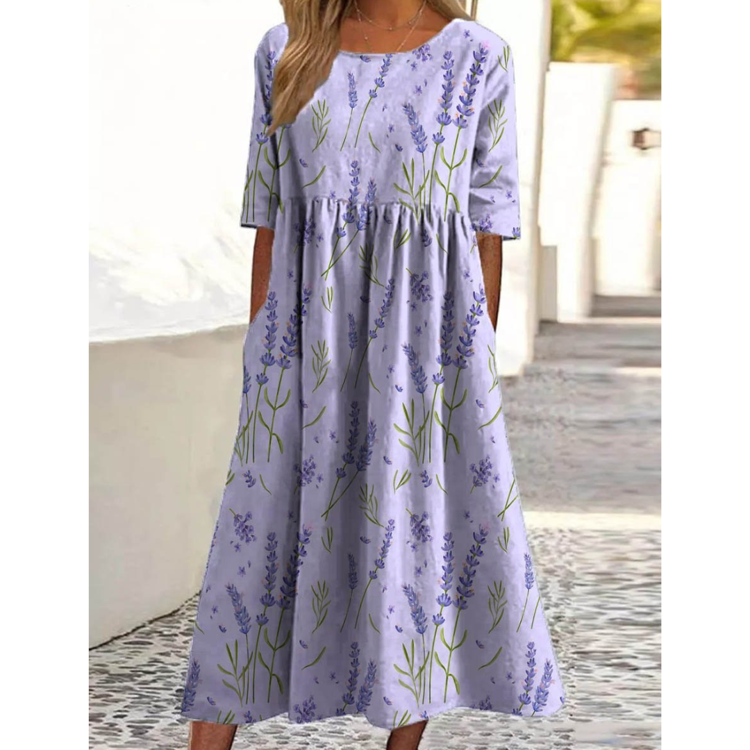 Chic kortärmad midiklänning med tryckt växtmönster