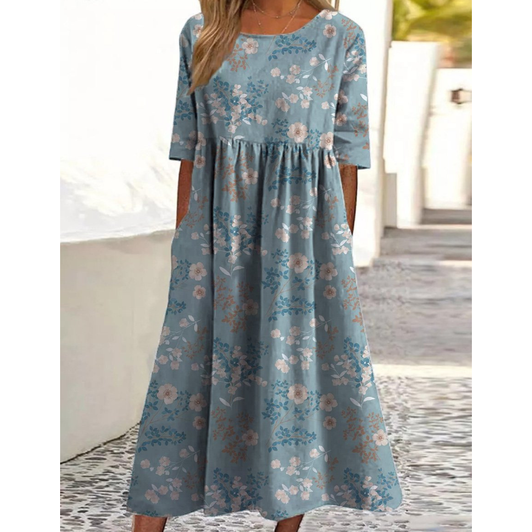 Chic kortärmad midiklänning med tryckt växtmönster