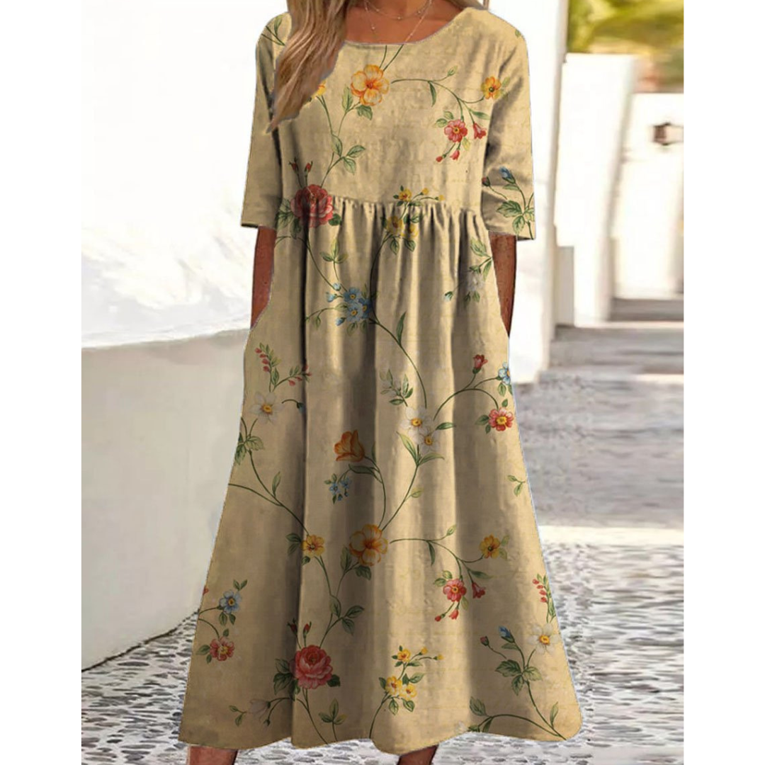 Chic kortärmad midiklänning med tryckt växtmönster