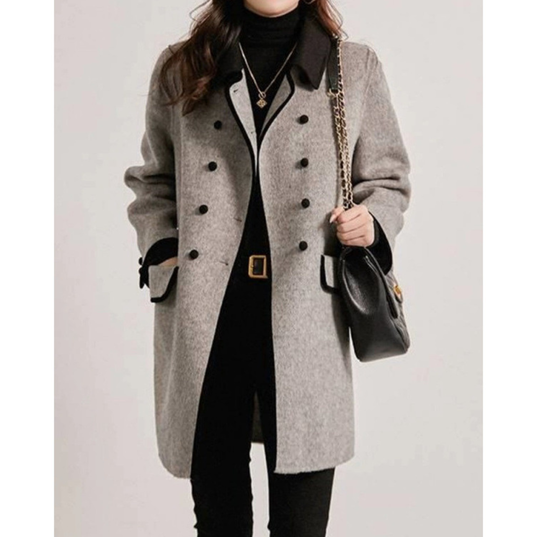 "Paris Chic" Grå damjacka med svarta kantband – Ull-Look Elegance