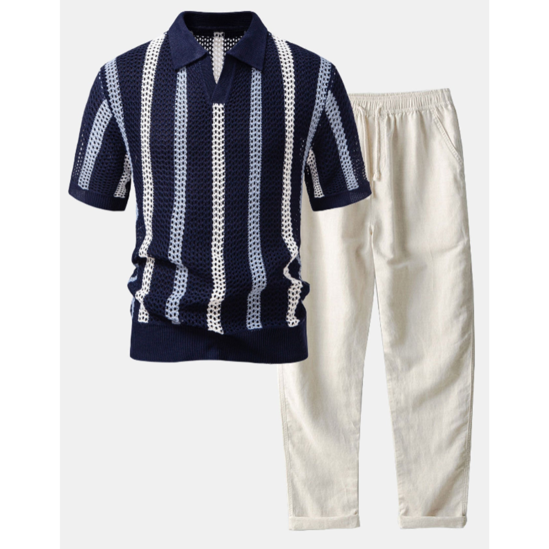 Sem| Stilren Virkad V-ringad Piké & Linnebyxa