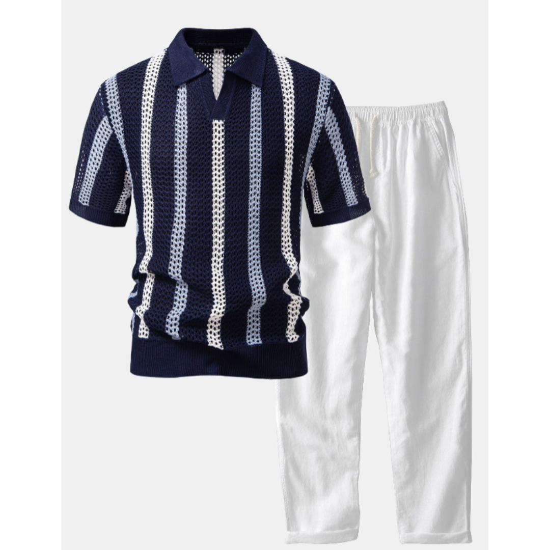 Sem| Stilren Virkad V-ringad Piké & Linnebyxa