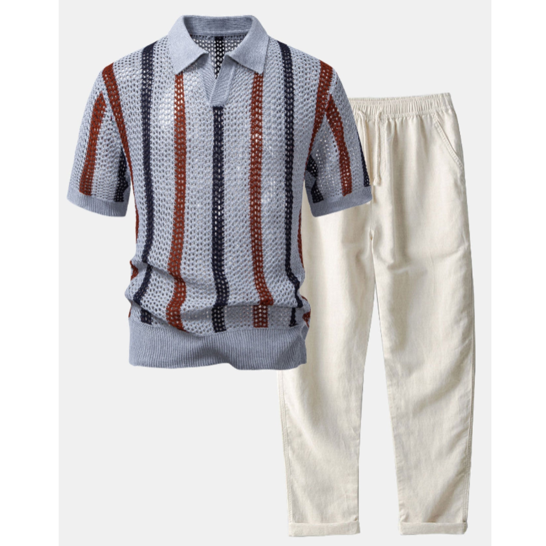 Sem| Stilren Virkad V-ringad Piké & Linnebyxa