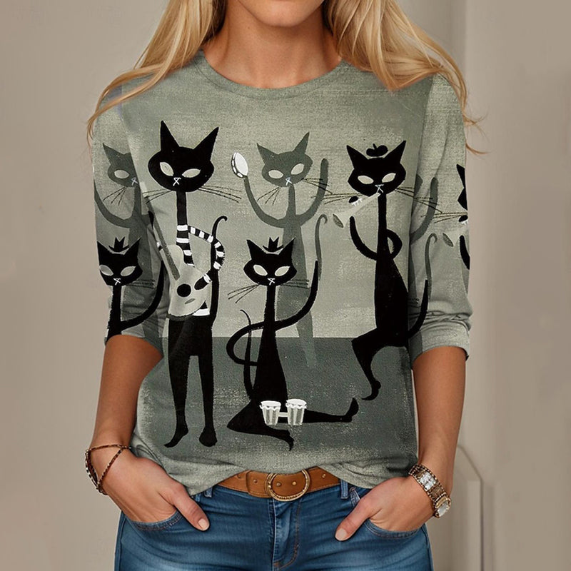 Astrid Kreativ T-Shirt Med Katttryck