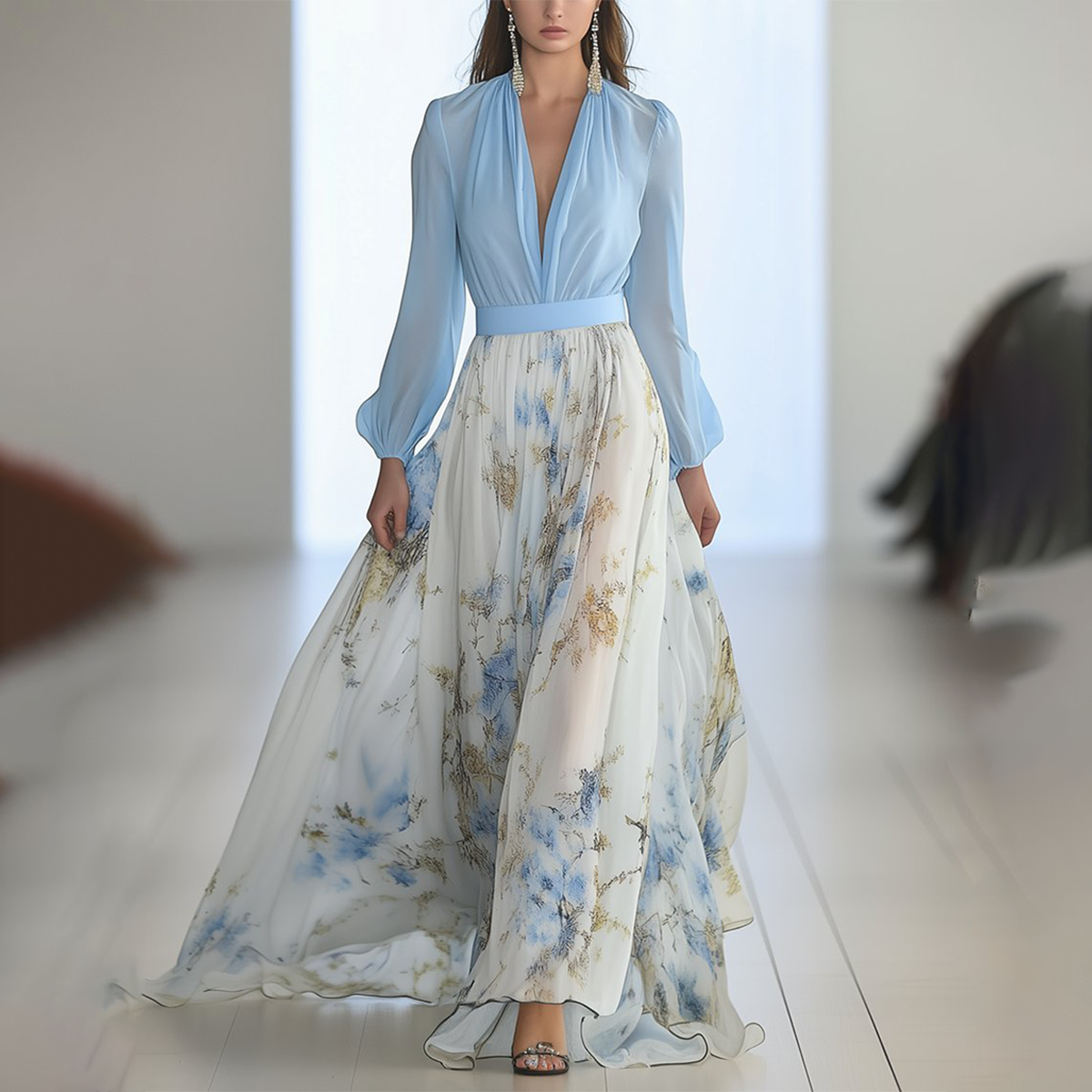 Trendy Floral Print V-Neck Maxi Dress