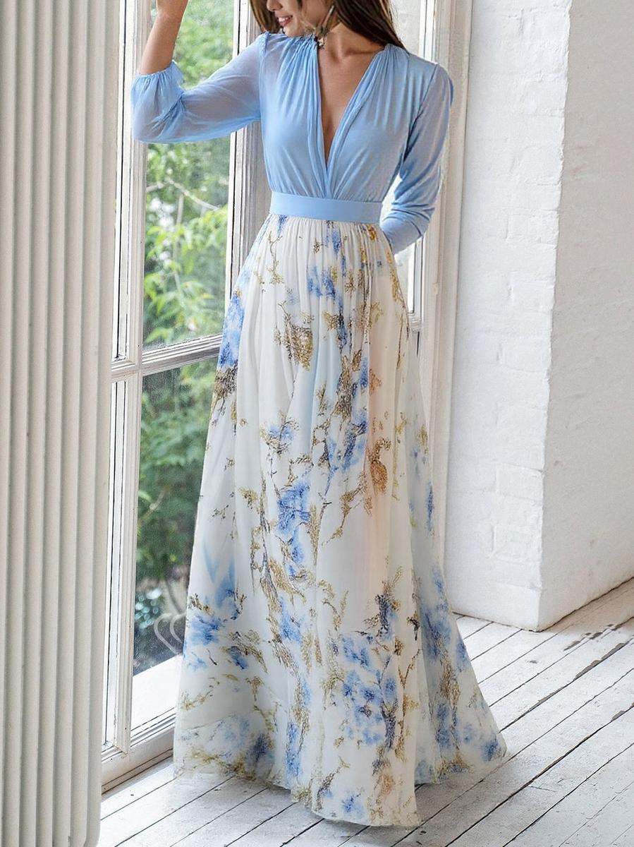Trendy Floral Print V-Neck Maxi Dress
