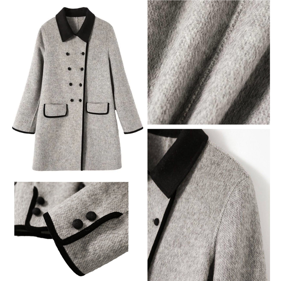 "Paris Chic" Grå damjacka med svarta kantband – Ull-Look Elegance