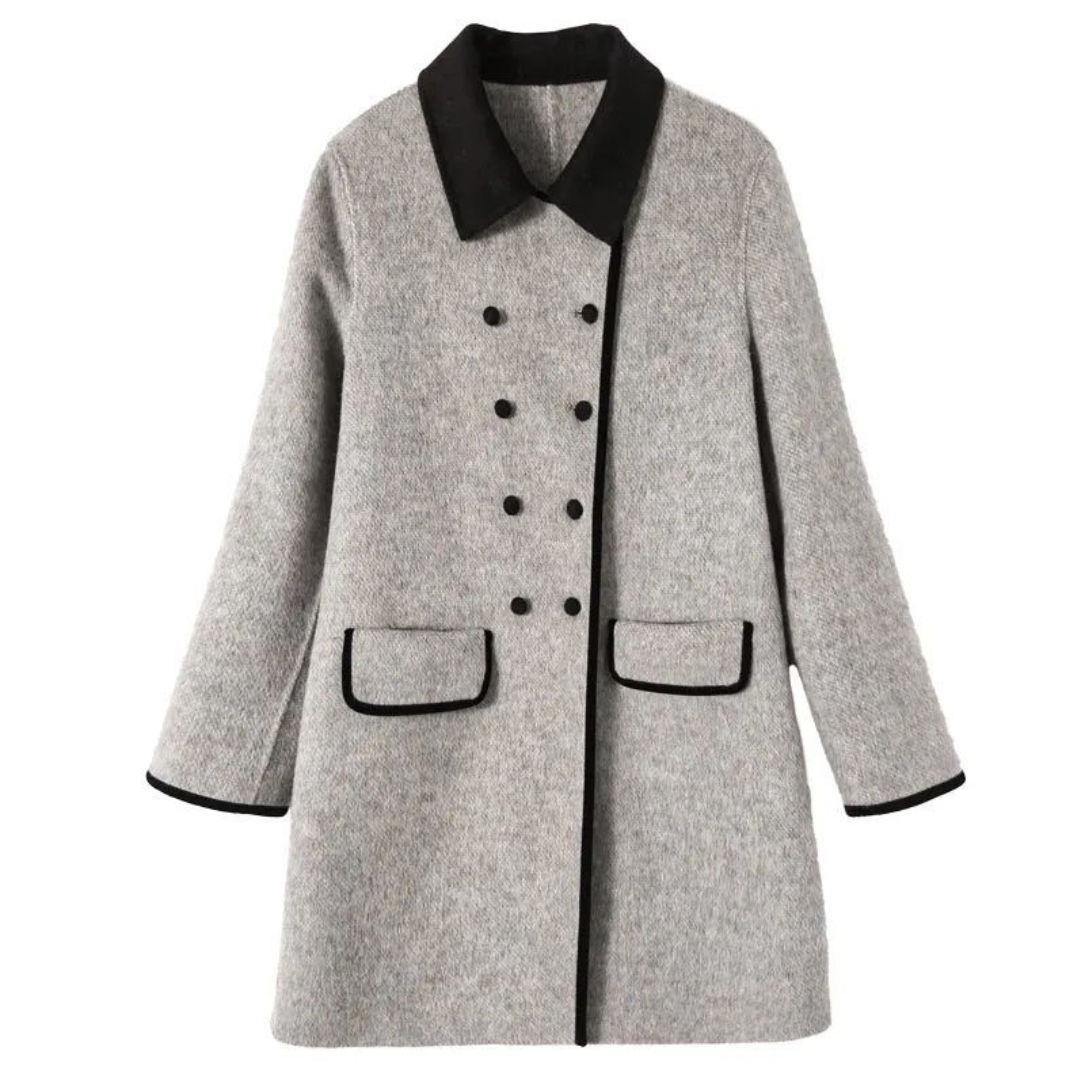 "Paris Chic" Grå damjacka med svarta kantband – Ull-Look Elegance