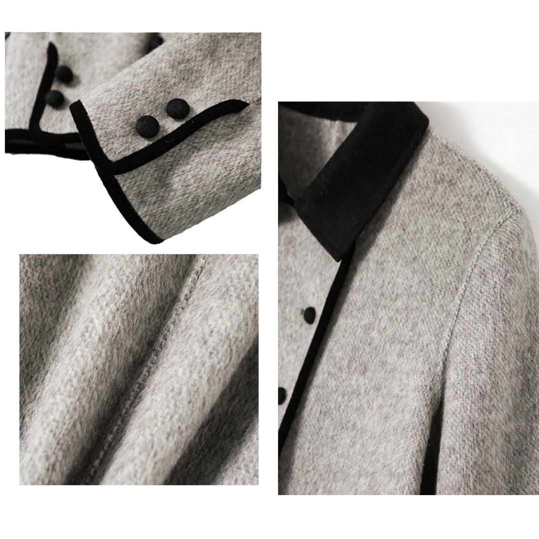"Paris Chic" Grå damjacka med svarta kantband – Ull-Look Elegance
